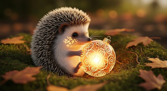 Adorable hedgehog discovers glowing orb nestled among autumn leaves in magical forest setting - Powered by Adobe