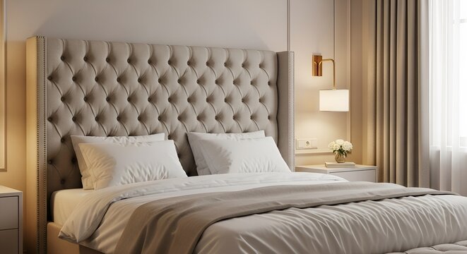 Elegant master bedroom interior with luxurious tufted headboard and neutral color palette