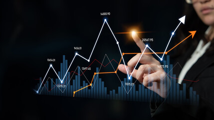A businesswoman examines financial data, showcasing stock market trends through dynamic graphs and indicators. Perfect for finance, analytics, and corporate themes. Scalp