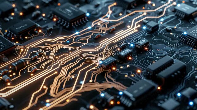 Close-up of lit circuit board with glowing pathways and electronic components