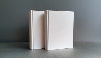 Two Blank 6X9 Inch Hardcover Thick Book Realistic Clay Mockup Template Leaning In Grey Background 3D Render Illustration