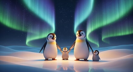 Adorable penguin family under a magical aurora borealis in a snowy wonderland