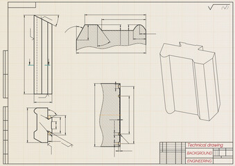 Mechanical engineering drawings on light background. Cutting tools, milling cutter. Technical Design. Cover. Blueprint. Horizontal seamless pattern. Vector illustration.