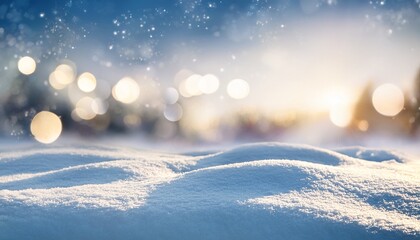 Winter Christmas Landscape With Snow Covered Ground And Magical Blurry Bokeh Lights In The Scene