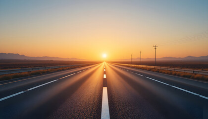 Empty highway stretches towards a vibrant sunset over distant mountains