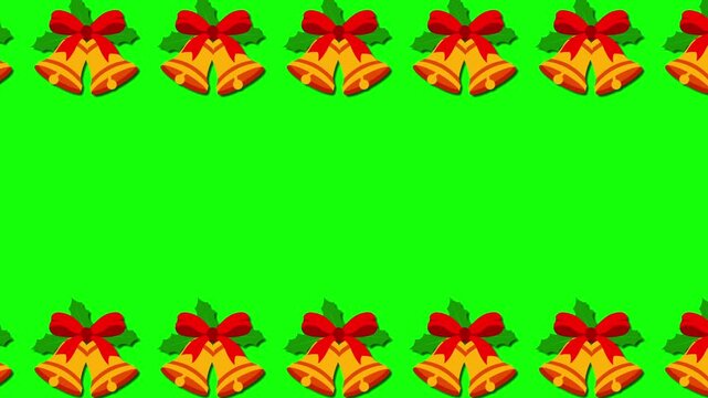 Christmas bells border on a vibrant green screen background, festive holiday decoration.