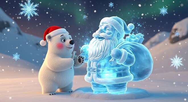 Cute polar bear with santa claus in a magical winter wonderland with falling snow