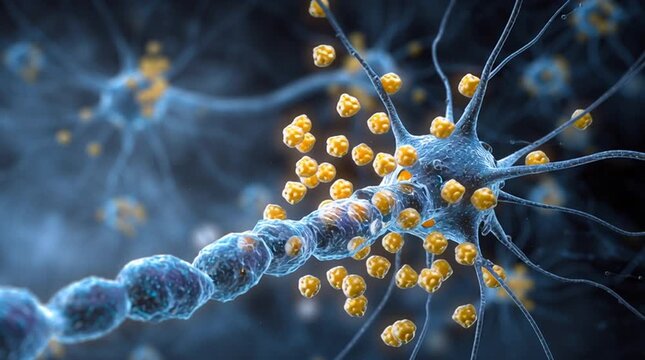 Conceptual 3D view of an antidepressant drug molecule blocking reuptake channels in a synapse, increasing neurotransmitter levels in the synaptic cleft.
