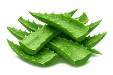 Aloe vera leaves, thick and succulent, featuring water droplets. Important ingredient for natural skincare, beauty, and health