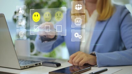 Businesswoman using laptop with futuristic digital interface animation showing customer satisfaction survey, AI evaluation and business analytics
