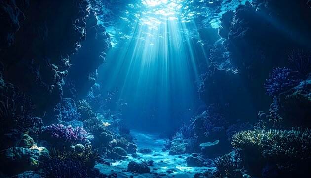 Sunlight streams into a deep ocean trench, illuminating vibrant coral reefs and diverse marine life below
