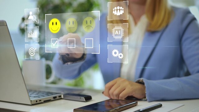 Businesswoman using laptop with futuristic digital interface animation showing customer satisfaction survey, AI evaluation and business analytics