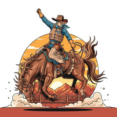 Dynamic cowboy rides bucking bronco in thrilling rodeo action against a sunset backdrop, capturing raw energy and adventure