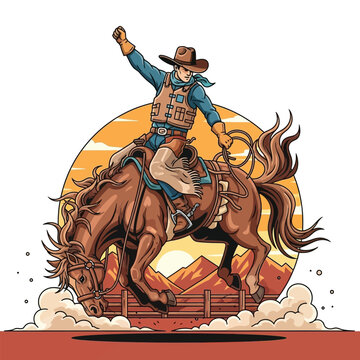 Dynamic cowboy rides bucking bronco in thrilling rodeo action against a sunset backdrop, capturing raw energy and adventure