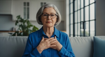 Portrait of an Elderly Woman with Heartfelt Expression in Modern Living Room