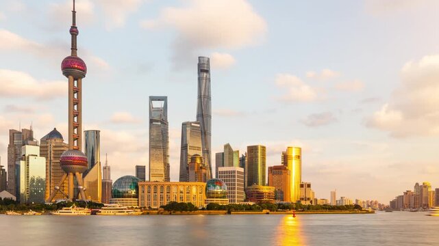 Time Lapse of clouds behind the tall buildings of the Shanghai China skyline.