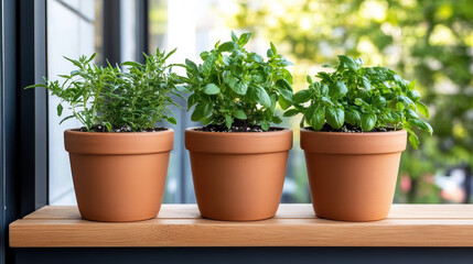 Obraz premium Balcony herb garden terracotta pots basil mint oregano fresh greenery peaceful