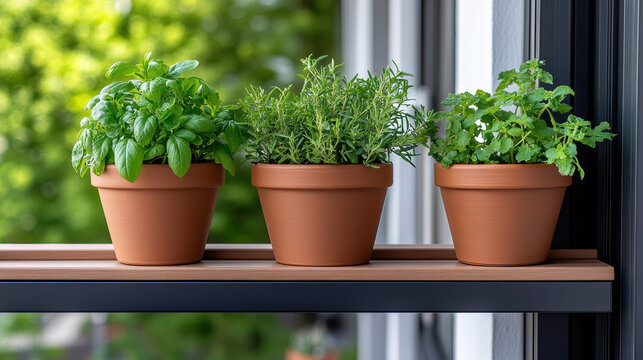 Fresh balcony herb garden in terracotta pots with vibrant green leaves and sunny charm