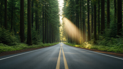 Obraz premium Sunlit misty forest road sunbeam pine redwood serene