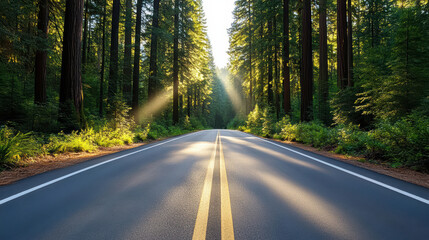 Sunny forest road misty pine forest sunbeam through trees empty two lane highway peaceful drive
