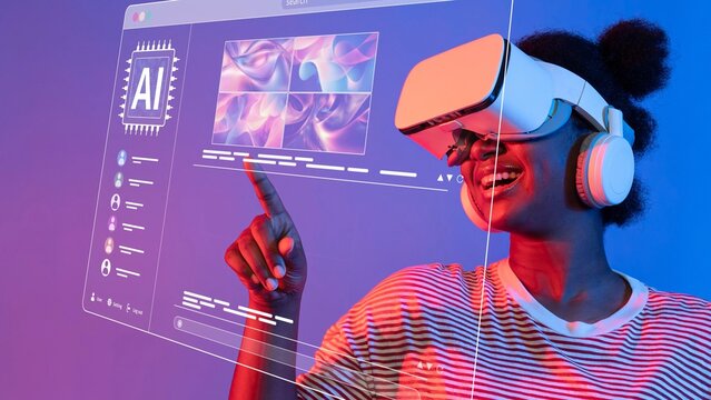 A joyful individual explores immersive virtual reality with a headset and headphones, engaged with a vibrant AI interface against a striking background. Raster - Powered by Adobe
