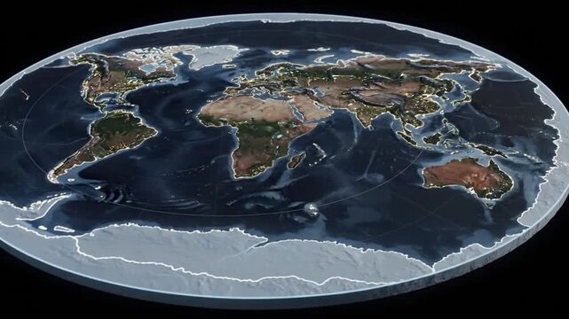 Flat Earth Model Animation with City Lights at Night and Antarctic Ice Wall. CG rendering of a conspiracy theory map projection rotating in space.