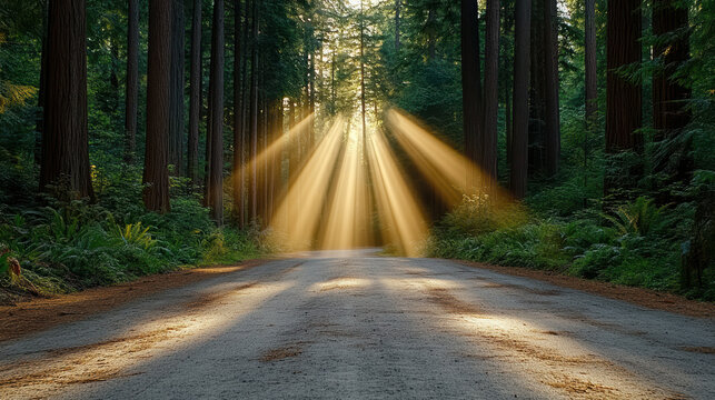 Sunlit forest road misty pine golden rays tall trees serene drive - Powered by Adobe