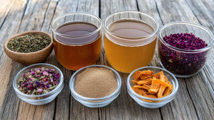 Calming tea ritual with rose petal and dried herbs, warm amber infusion, cozy mood