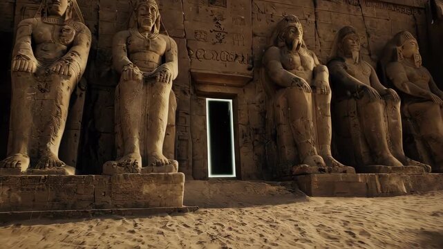 Six seated statues flank a doorway in an ancient stone temple. Desolate desert surrounds