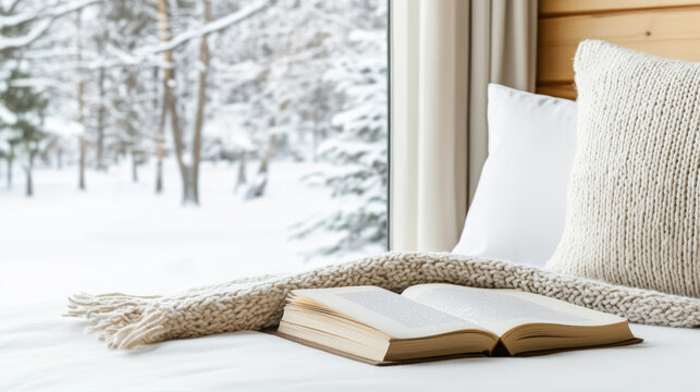 Cozy reading nook plaid blanket book knit pillow snowy window view calm