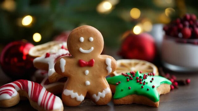 video 4K vibrant and festive close-up of Christmas gingerbread cookies arranged on a holiday-decorated surface. At the center stands a cheerful gingerbread man with a bow tie and icing