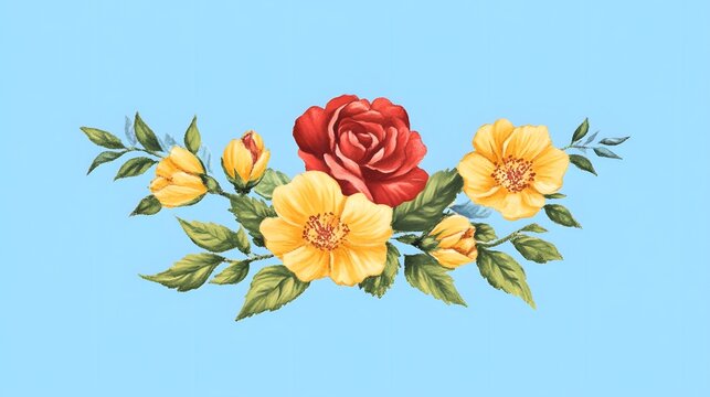 Watercolor style floral arrangement featuring red and yellow blossoms with green foliage centered on a pale blue backdrop