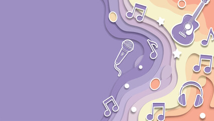 Naklejka premium Vibrant music notes, guitar, microphone, and headphones artfully arranged on a colorful layered background, perfect for creative projects.