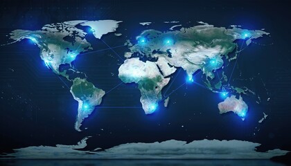 Fototapeta premium High tech World Map with Interconnected Blue Light Data Nodes Illustrating Global Connectivity