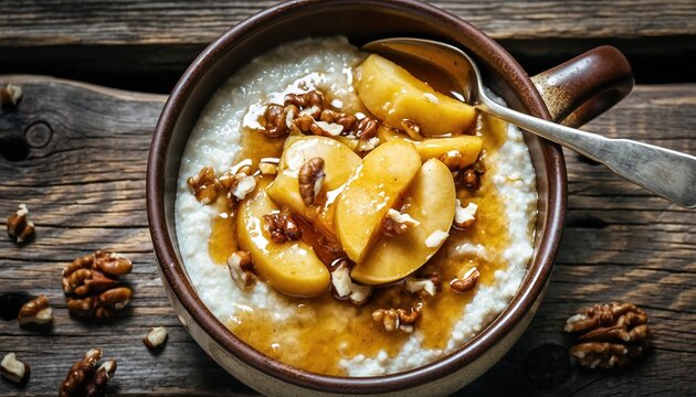 Warm Porridge with Caramelized Apple Slices, Walnuts, and Honey on a Rustic Wooden Table
