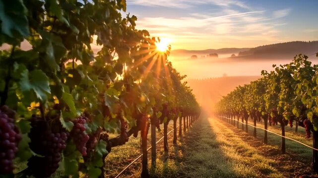 Serene sunrise over a vineyard, showcasing ripe grapes and misty hills in the background