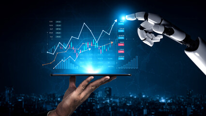 A futuristic scene showcasing a robotic hand reaching out to interact with a digital financial...