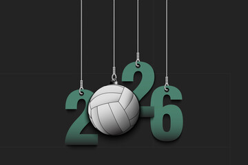 Naklejka premium Numbers 2026 and volleyball ball as a Christmas decorations are hanging on strings. New Year 2026 are hang on cords. Template design for greeting card. Vector illustration on isolated background