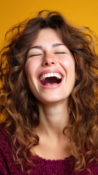 A woman with curly brown hair throws her head back and laughs with abandon. Her eyes are closed, and her mouth is wide open. She is wearing a maroon sweater
