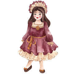 Watercolor illustration with cute Christmas toys bunny, dolls, horse and teddy bear, isolated on white background