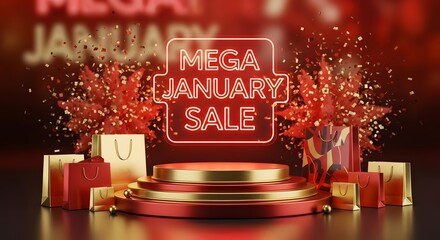 Mega January Sale: a striking visual of retail with a golden podium, elegant shopping bags and sparkling decorations beckon customers to celebrate January sales 