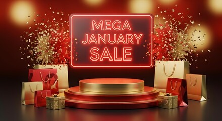 Mega January Sale Promotion: Illuminate a vibrant promotional campaign, featuring a dazzling red and gold platform, elegant shopping bags and sparkling confetti.
