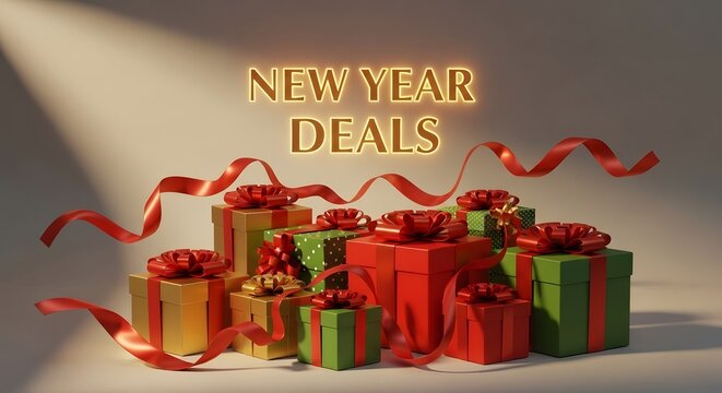 Holiday Season Gifting: Festive, colorful gift boxes, adorned with elegant ribbons, are artfully arranged in anticipation of New Year deals and celebrations, embodying the spirit of sharing and joy.