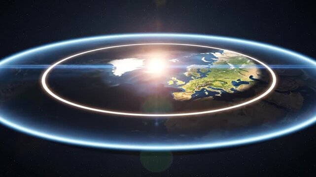 Flat Earth model animation with sun circling above the continents. 3D rendering of the pseudoscientific conspiracy theory map from space showing day and night.
