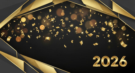 Elegant golden geometric frame with bokeh lights and year 2026