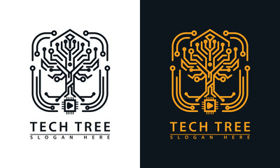 Tech tree logo framed by circuit lines. Represents growth, innovation, data structure, and digital development. Monoline style.