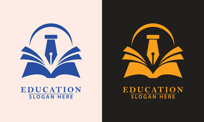 Open book and fountain pen logo. Classic symbol for education, writing, knowledge, publishing, and university institutions.