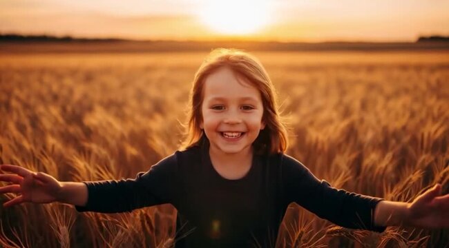A Felicidade Corre Livre. Crianca com os Bracos Abertos no Campo