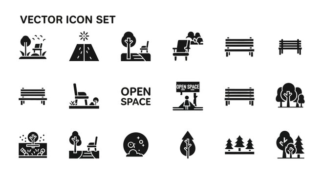 Vector Set of Park Elements Benches, Trees, Open Spaces, and Recreational Icons for Design