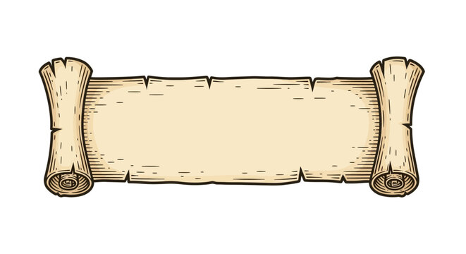 Blank old parchment scroll with rolled edges and empty space for text, vintage document background